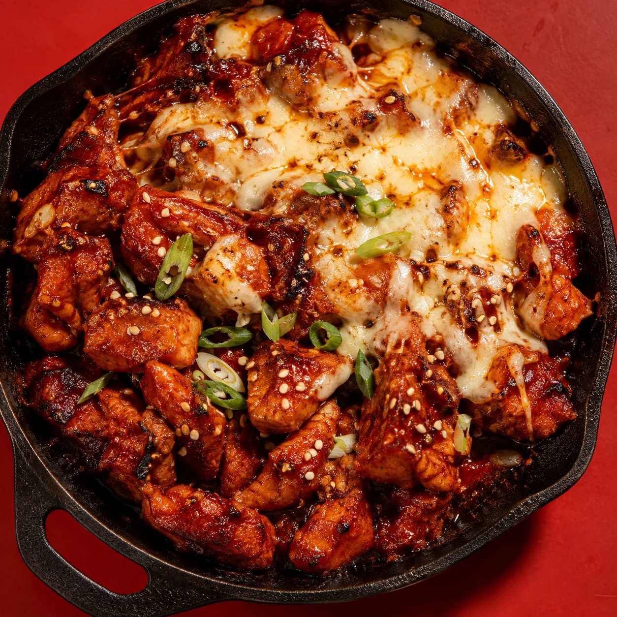 Fire-spicy chicken with melted cheese in a cast-iron skillet