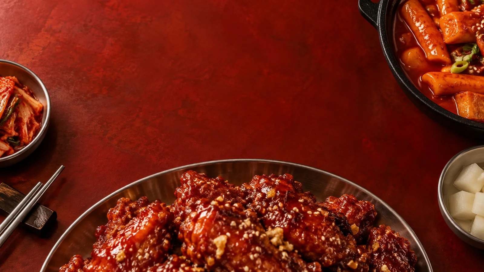 Korean fried chicken and spicy rice cakes on a red table
