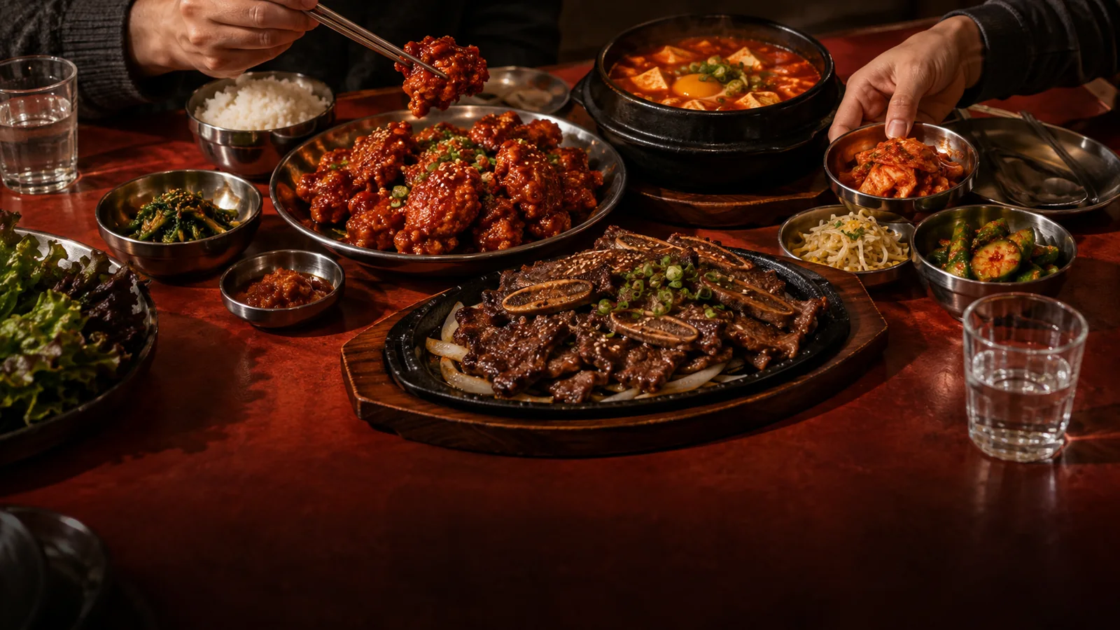 Friends sharing Korean chicken, grilled short ribs and tofu soup